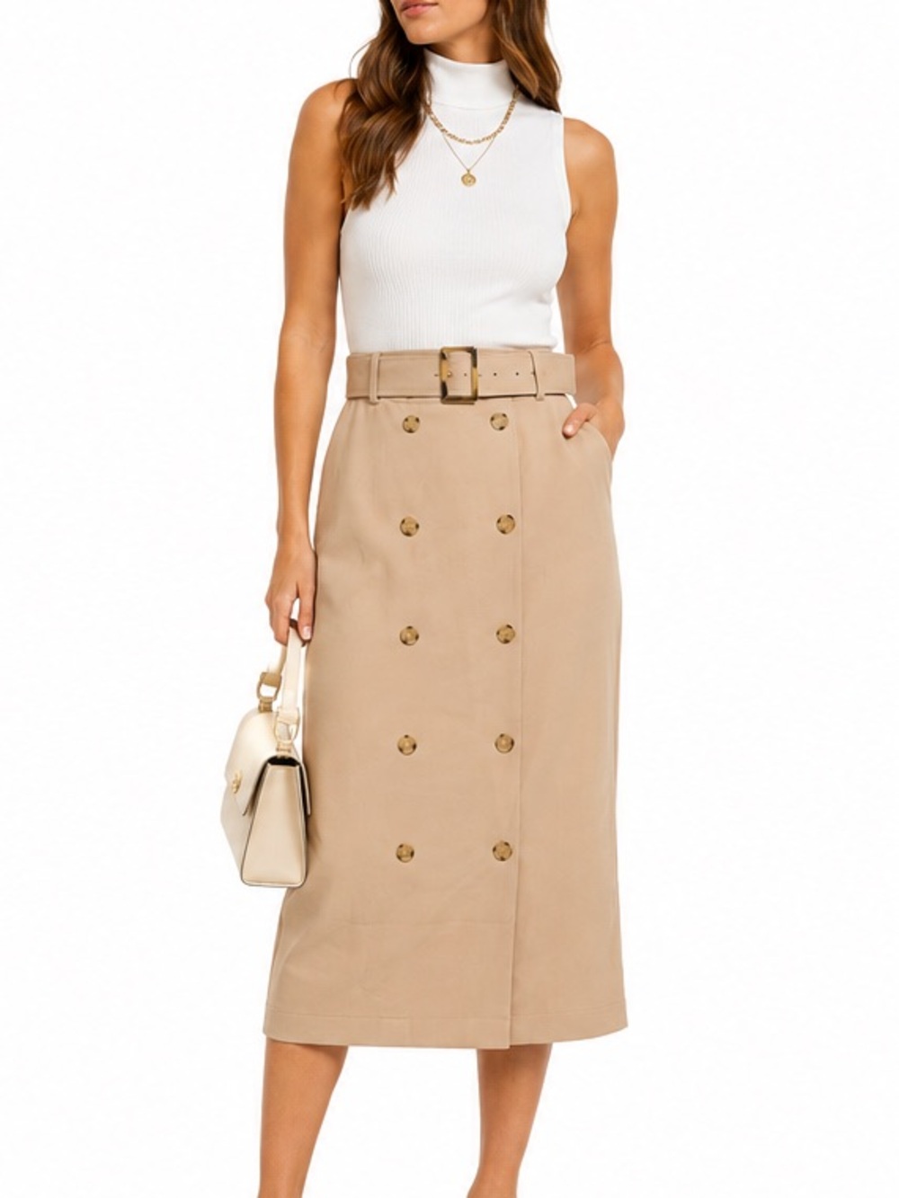 Tristan Size 8 Beige Belted Double Breasted Midi Pencil Skirt Made in Canada